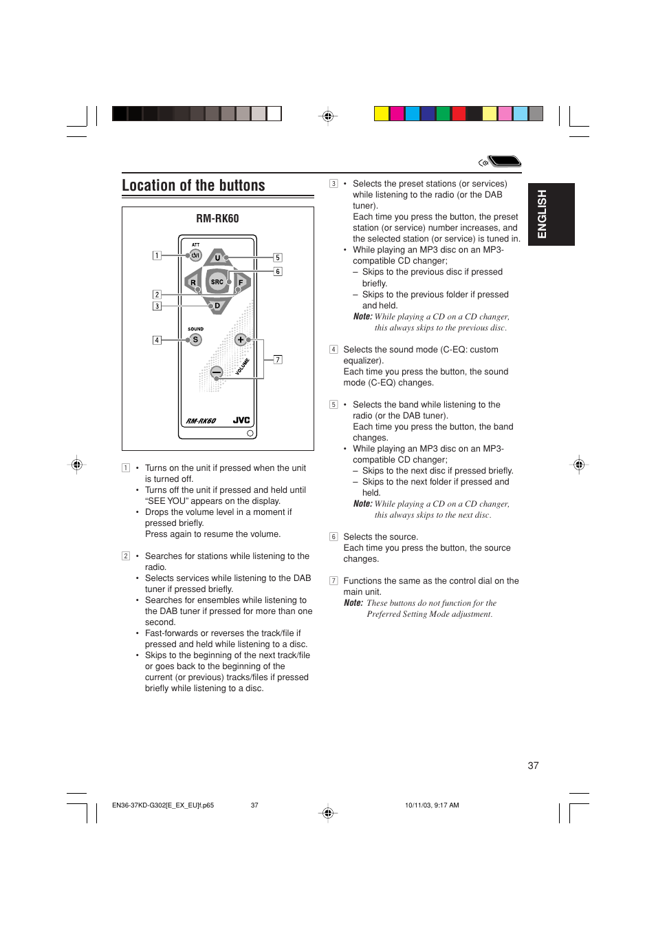 Location of the buttons, English, Rm-rk60 | JVC GET0187-001A User Manual | Page 37 / 46