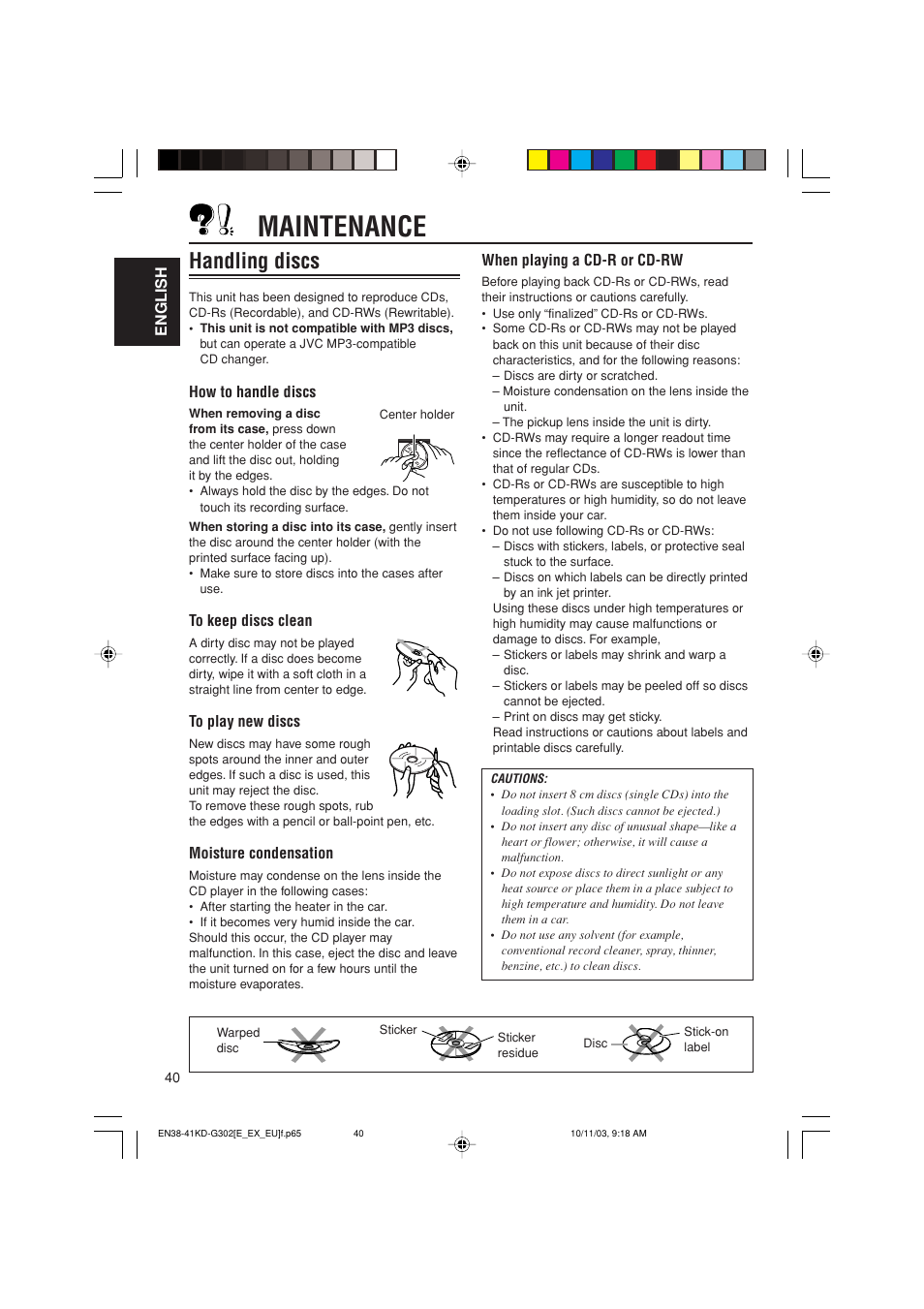 Maintenance, Handling discs | JVC GET0187-001A User Manual | Page 40 / 46