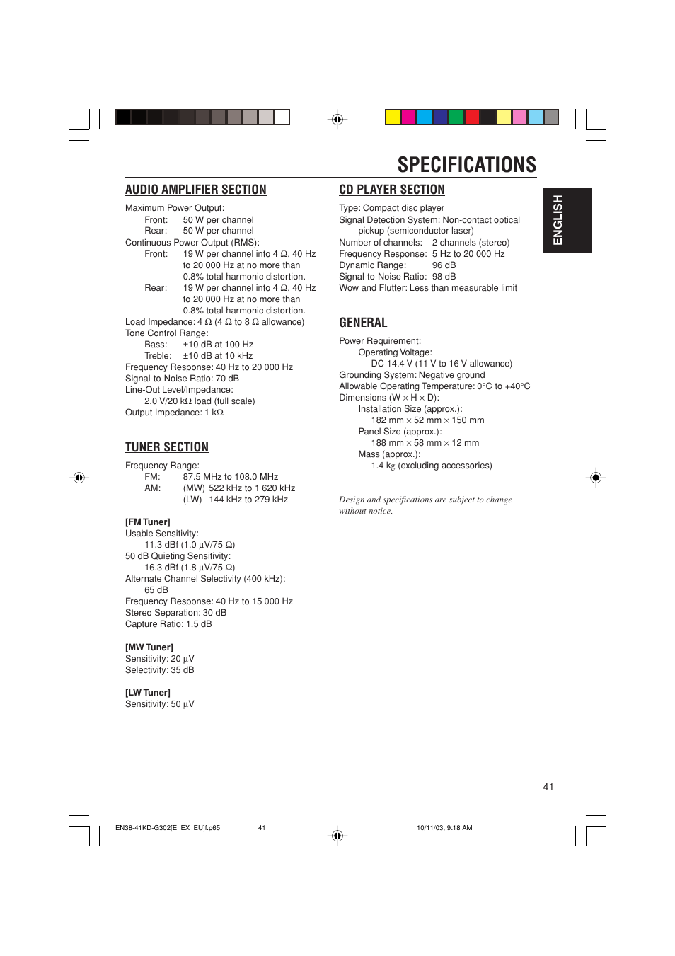Specifications, General, English | JVC GET0187-001A User Manual | Page 41 / 46