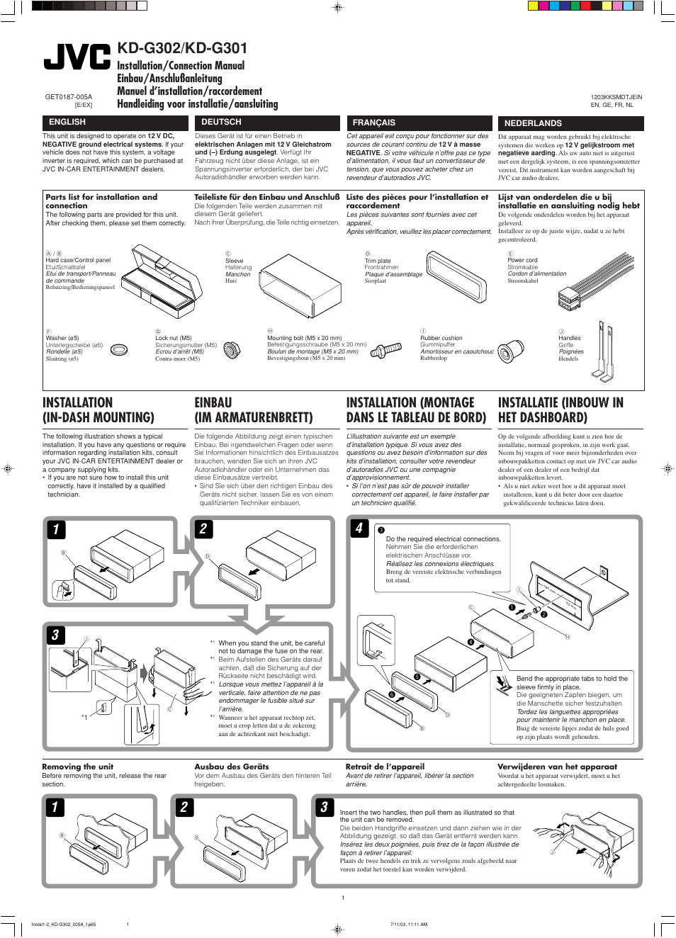 Installation/connection manual, Installation, Installatie (inbouw in het dashboard) | Installation (montage dans le tableau de bord), Einbau (im armaturenbrett), Installation (in-dash mounting) | JVC GET0187-001A User Manual | Page 43 / 46