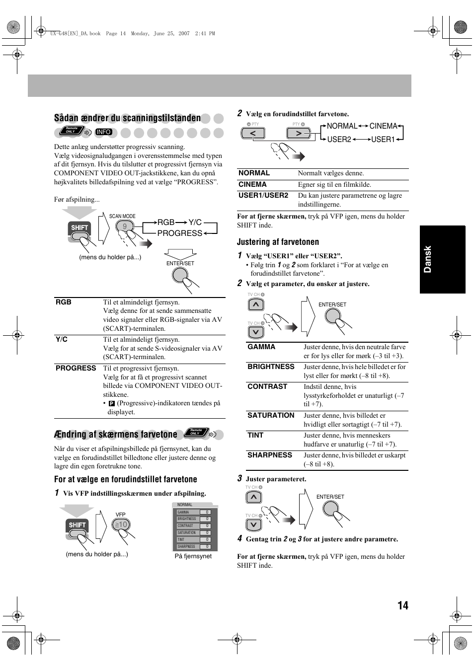 Dansk sådan ændrer du scanningstilstanden, Ændring af skærmens farvetone, For at vælge en forudindstillet farvetone 1 | Justering af farvetonen 1 | JVC Micro Component System UX-G48 User Manual | Page 101 / 208