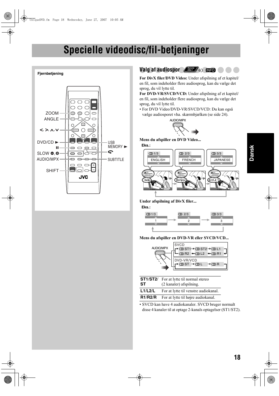 Specielle videodisc/fil-betjeninger, Dansk, Valg af audiospor | JVC Micro Component System UX-G48 User Manual | Page 105 / 208