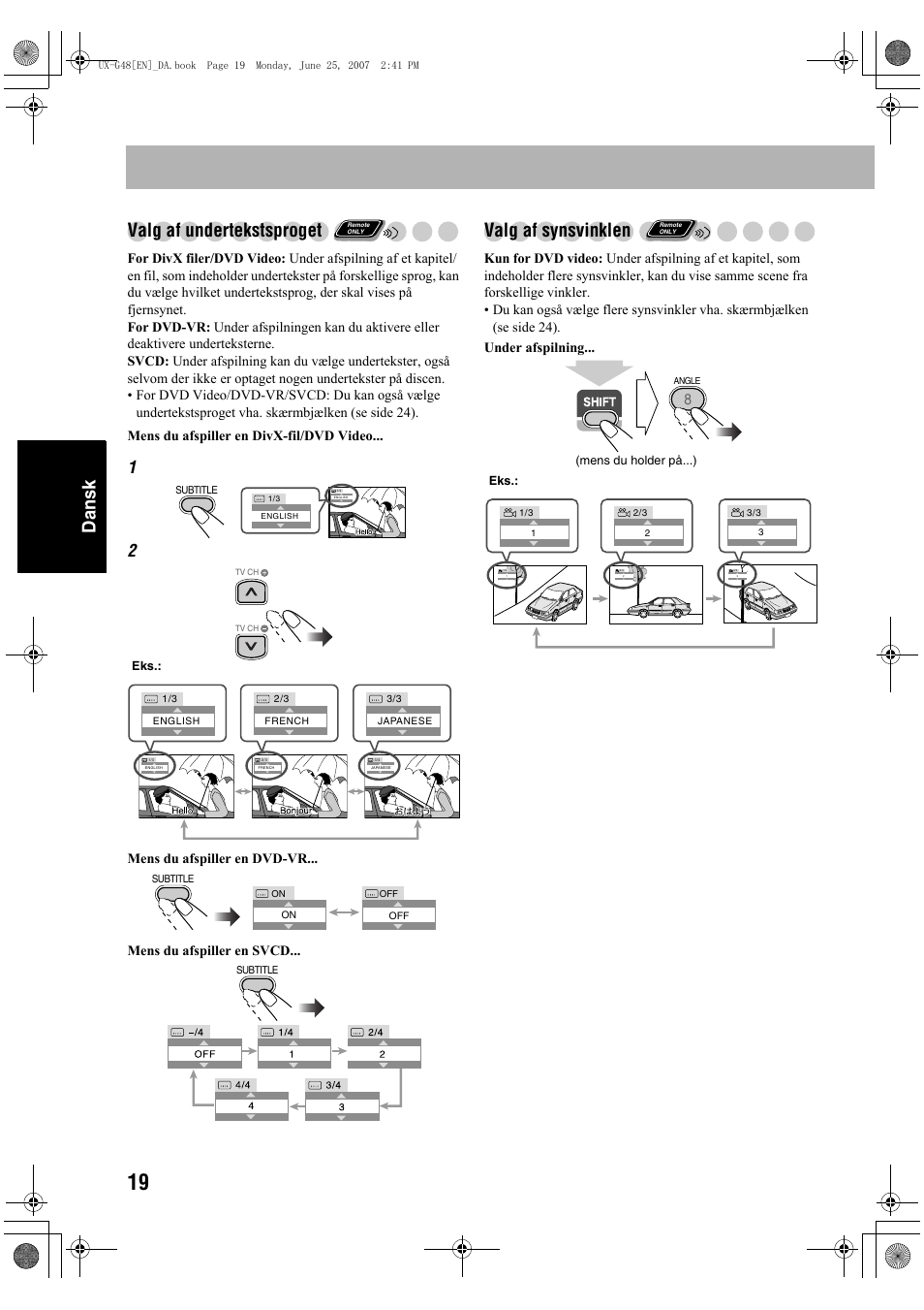 Dansk valg af undertekstsproget, Valg af synsvinklen | JVC Micro Component System UX-G48 User Manual | Page 106 / 208