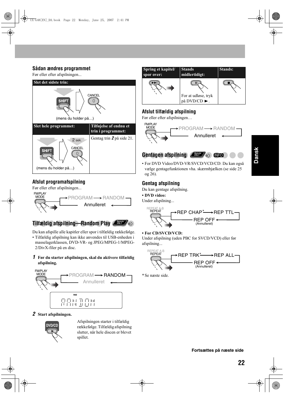 Dansk, Tilfældig afspilning—random play, Gentagen afspilning | JVC Micro Component System UX-G48 User Manual | Page 109 / 208