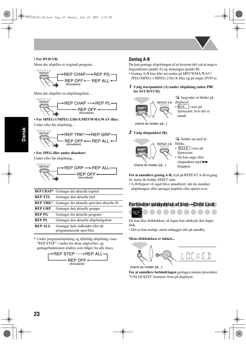 Dansk, Forhindrer udskydelse af disc—child lock | JVC Micro Component System UX-G48 User Manual | Page 110 / 208