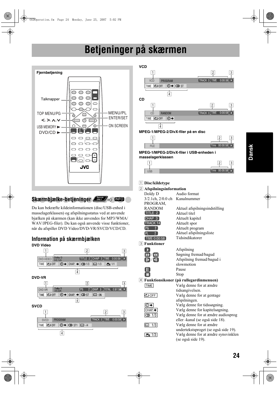 Betjeninger på skærmen, Dansk, Skærmbjælke-betjeninger | Information på skærmbjælken | JVC Micro Component System UX-G48 User Manual | Page 111 / 208