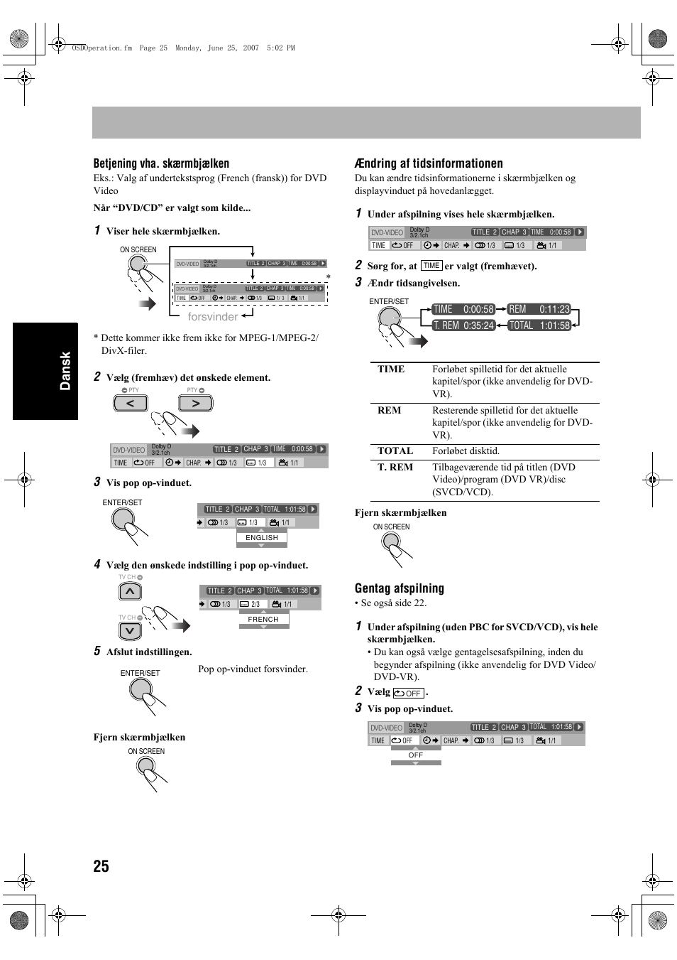 Dansk, Betjening vha. skærmbjælken, Ændring af tidsinformationen | Gentag afspilning, Forsvinder | JVC Micro Component System UX-G48 User Manual | Page 112 / 208