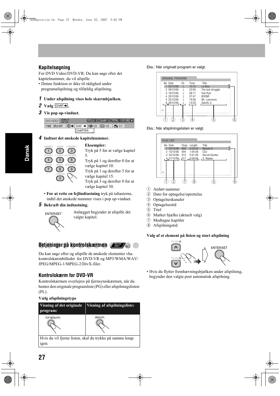 Dansk, Betjeninger på kontrolskærmen, Kapitelsøgning | Kontrolskærm for dvd-vr | JVC Micro Component System UX-G48 User Manual | Page 114 / 208