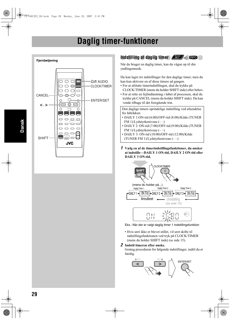 Daglig timer-funktioner, Dansk, Indstilling af daglig timer | JVC Micro Component System UX-G48 User Manual | Page 116 / 208