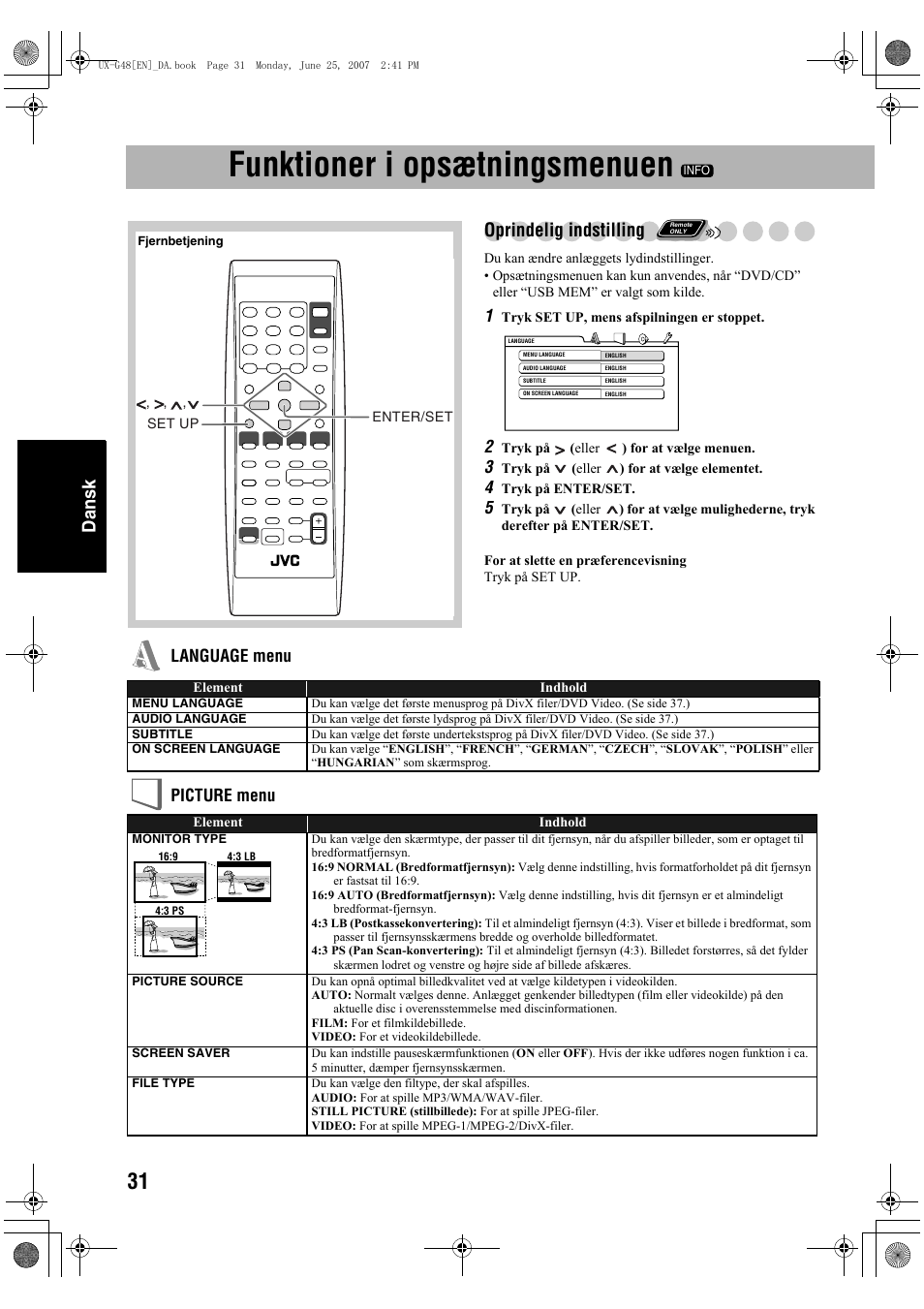 Funktioner i opsætningsmenuen, Dansk, Oprindelig indstilling | Language menu picture menu | JVC Micro Component System UX-G48 User Manual | Page 118 / 208