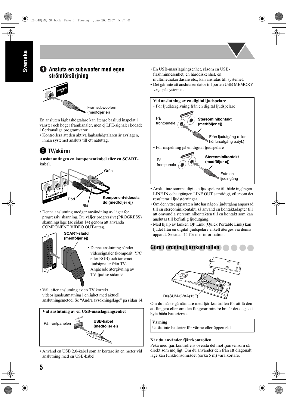 Sv ensk a, Ansluta en subwoofer med egen strömförsörjning, Tv/skärm | Göra i ordning fjärrkontrollen | JVC Micro Component System UX-G48 User Manual | Page 12 / 208