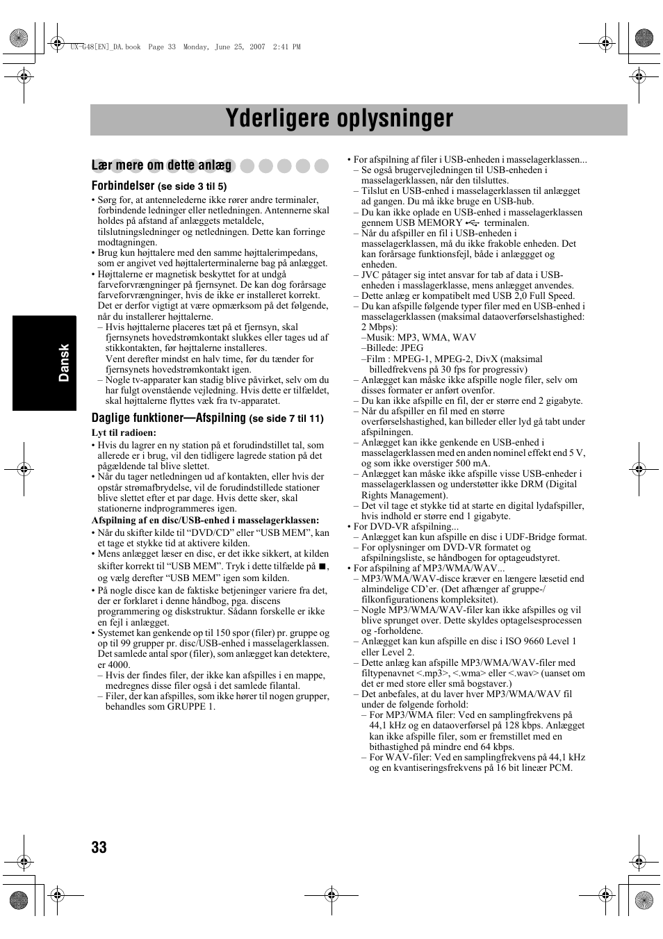 Yderligere oplysninger, Dansk, Lær mere om dette anlæg | JVC Micro Component System UX-G48 User Manual | Page 120 / 208