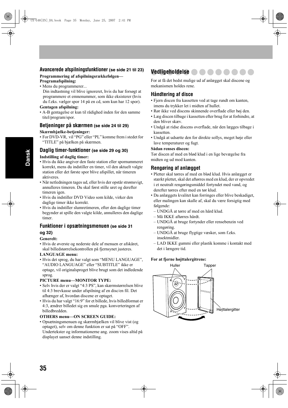 Dansk, Vedligeholdelse | JVC Micro Component System UX-G48 User Manual | Page 122 / 208