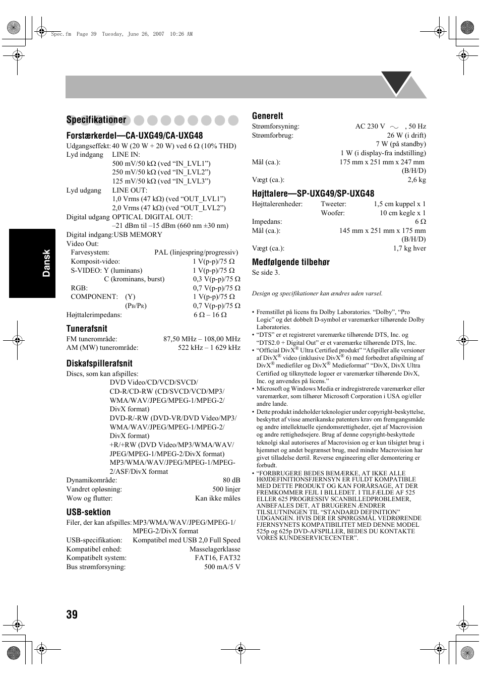Dansk specifikationer | JVC Micro Component System UX-G48 User Manual | Page 126 / 208