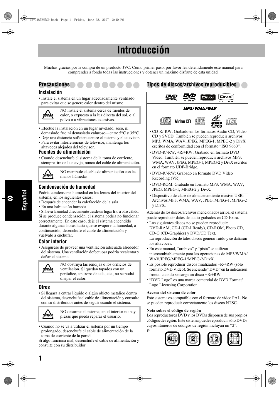 Introducción, Español, Precauciones | Tipos de discos/archivos reproducibles | JVC Micro Component System UX-G48 User Manual | Page 128 / 208