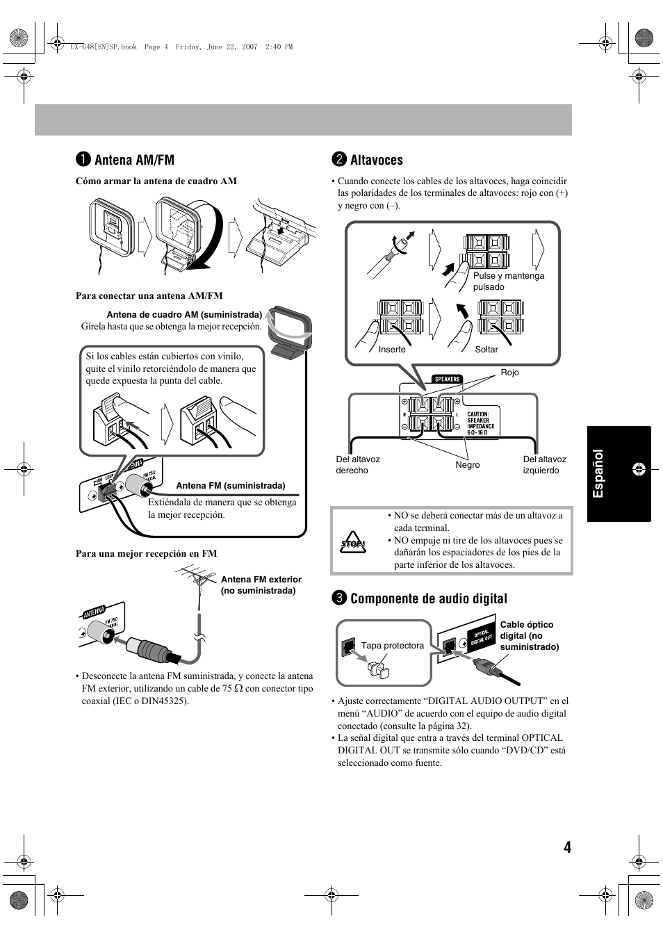 Español, Antena am/fm, Altavoces | Componente de audio digital | JVC Micro Component System UX-G48 User Manual | Page 131 / 208