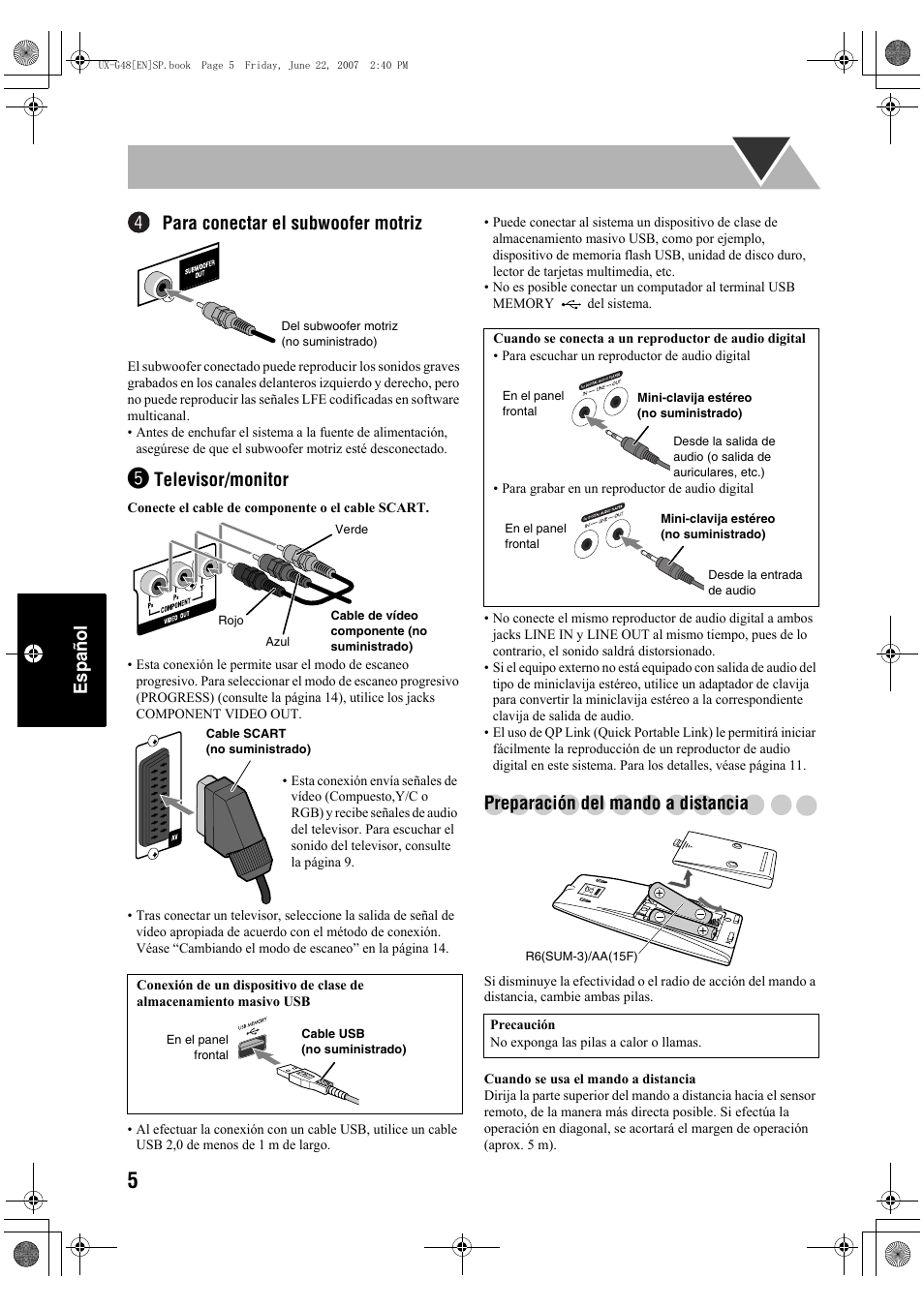 Español, Para conectar el subwoofer motriz, Televisor/monitor | Preparación del mando a distancia | JVC Micro Component System UX-G48 User Manual | Page 132 / 208