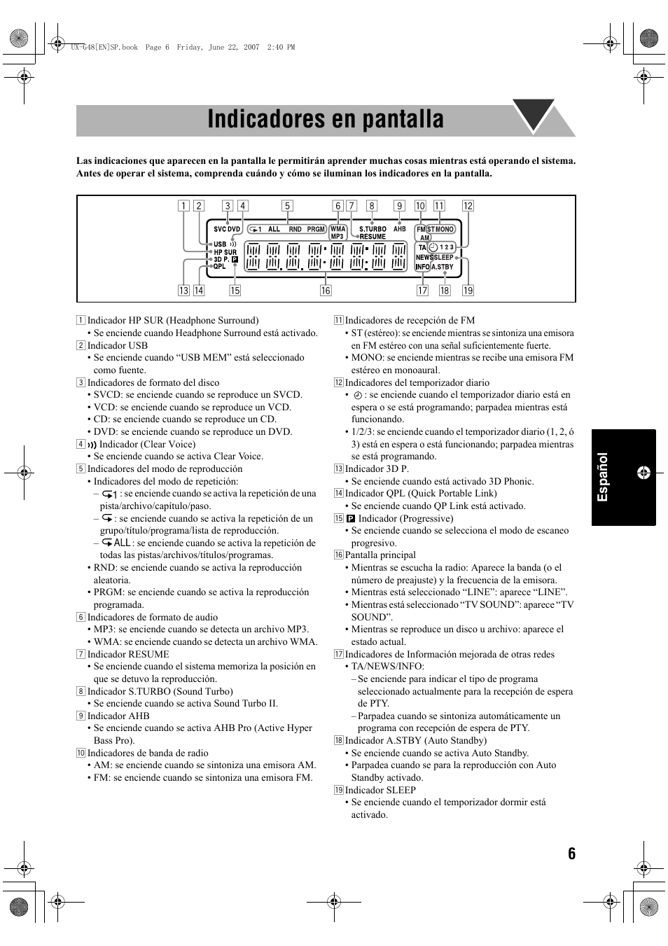 Indicadores en pantalla, Español | JVC Micro Component System UX-G48 User Manual | Page 133 / 208