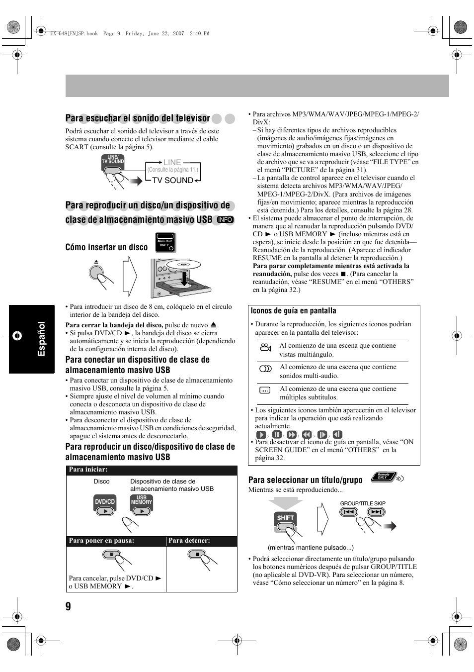 Español para escuchar el sonido del televisor | JVC Micro Component System UX-G48 User Manual | Page 136 / 208