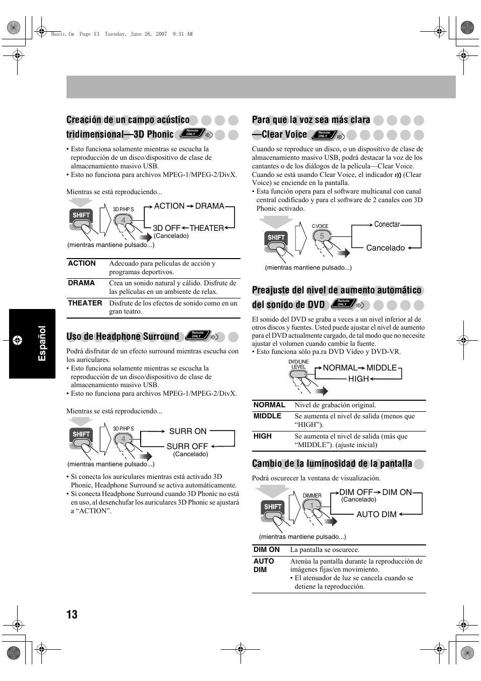 Uso de headphone surround, Para que la voz sea más clara —clear voice, Cambio de la luminosidad de la pantalla | JVC Micro Component System UX-G48 User Manual | Page 140 / 208