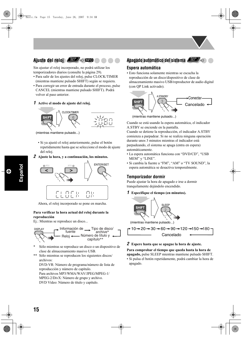 Español ajuste del reloj, Apagado automático del sistema | JVC Micro Component System UX-G48 User Manual | Page 142 / 208