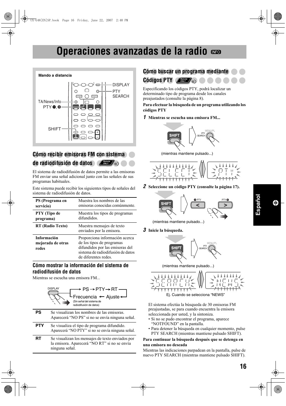 Operaciones avanzadas de la radio, Español, Cómo buscar un programa mediante códigos pty | JVC Micro Component System UX-G48 User Manual | Page 143 / 208