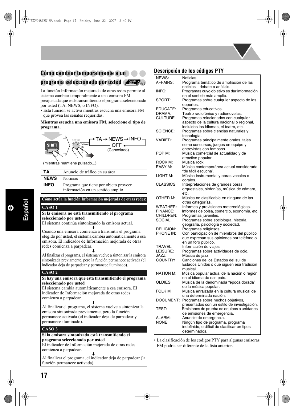 Descripción de los códigos pty | JVC Micro Component System UX-G48 User Manual | Page 144 / 208