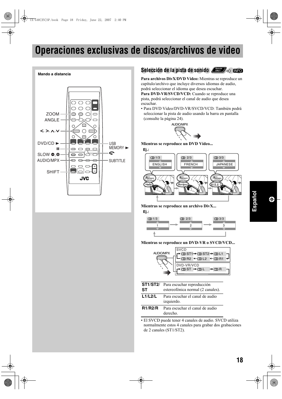 Operaciones exclusivas de discos/archivos de video, Español, Selección de la pista de sonido | JVC Micro Component System UX-G48 User Manual | Page 145 / 208