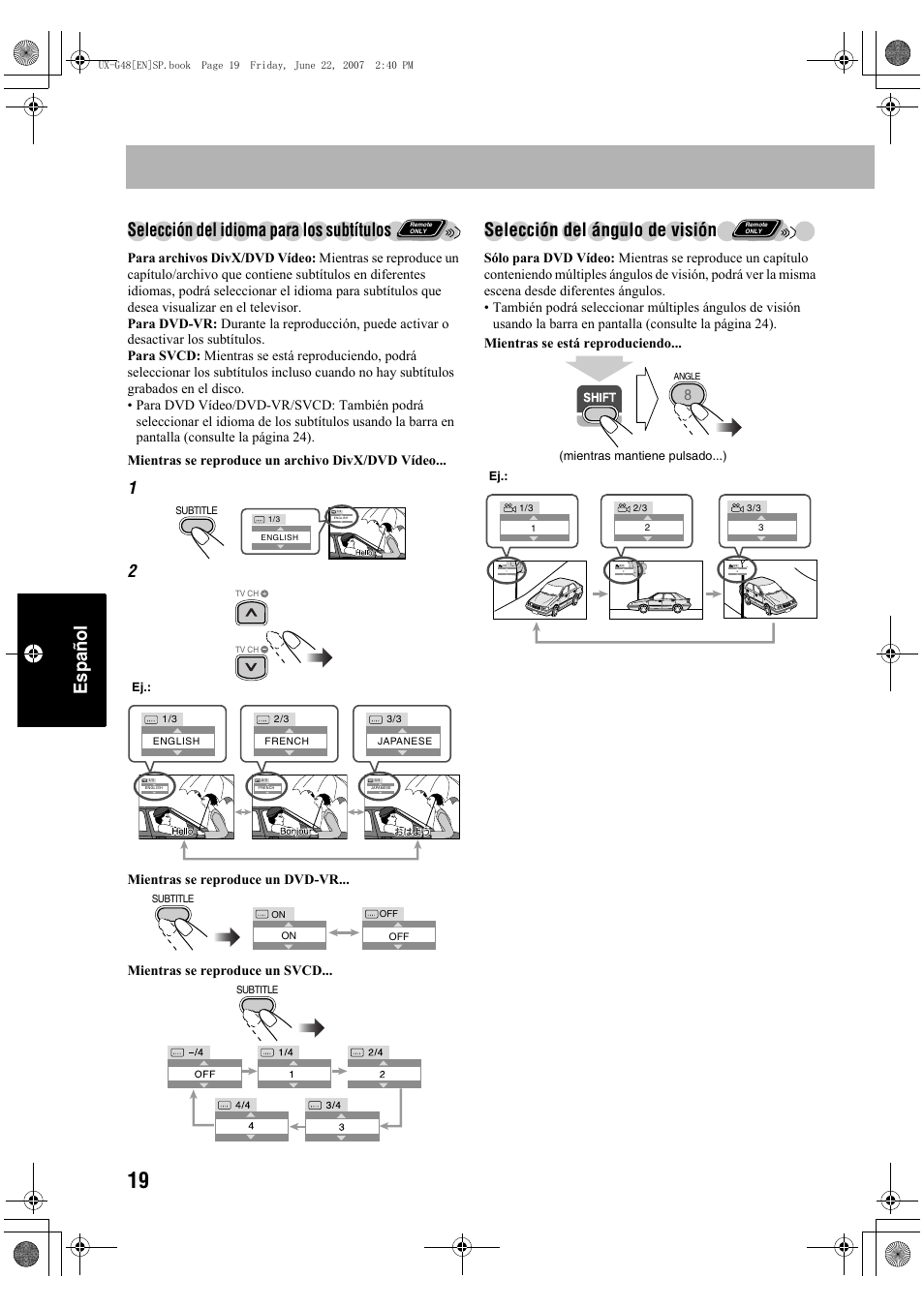 Español selección del idioma para los subtítulos, Selección del ángulo de visión | JVC Micro Component System UX-G48 User Manual | Page 146 / 208