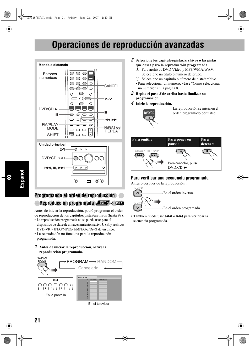 Operaciones de reproducción avanzadas, Español, Para verificar una secuencia programada | JVC Micro Component System UX-G48 User Manual | Page 148 / 208