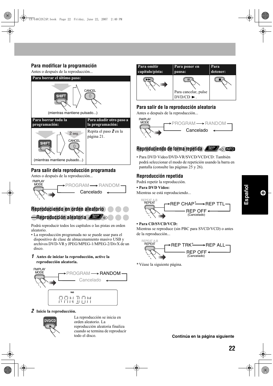 Español, Reproduciendo de forma repetida | JVC Micro Component System UX-G48 User Manual | Page 149 / 208