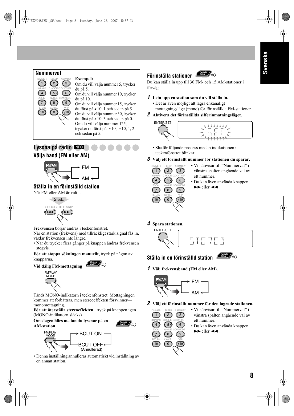 Sv ensk a lyssna på radio, Förinställa stationer, Ställa in en förinställd station 1 | Nummerval, Fm am, Bcut on bcut off | JVC Micro Component System UX-G48 User Manual | Page 15 / 208