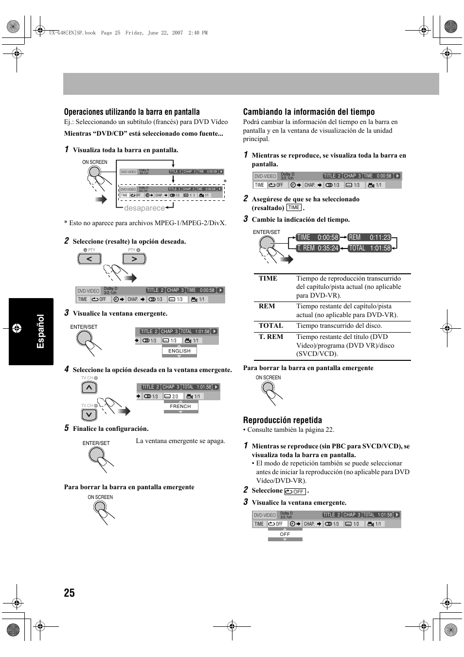 Español, Operaciones utilizando la barra en pantalla, Cambiando la información del tiempo | Reproducción repetida, Desaparece | JVC Micro Component System UX-G48 User Manual | Page 152 / 208