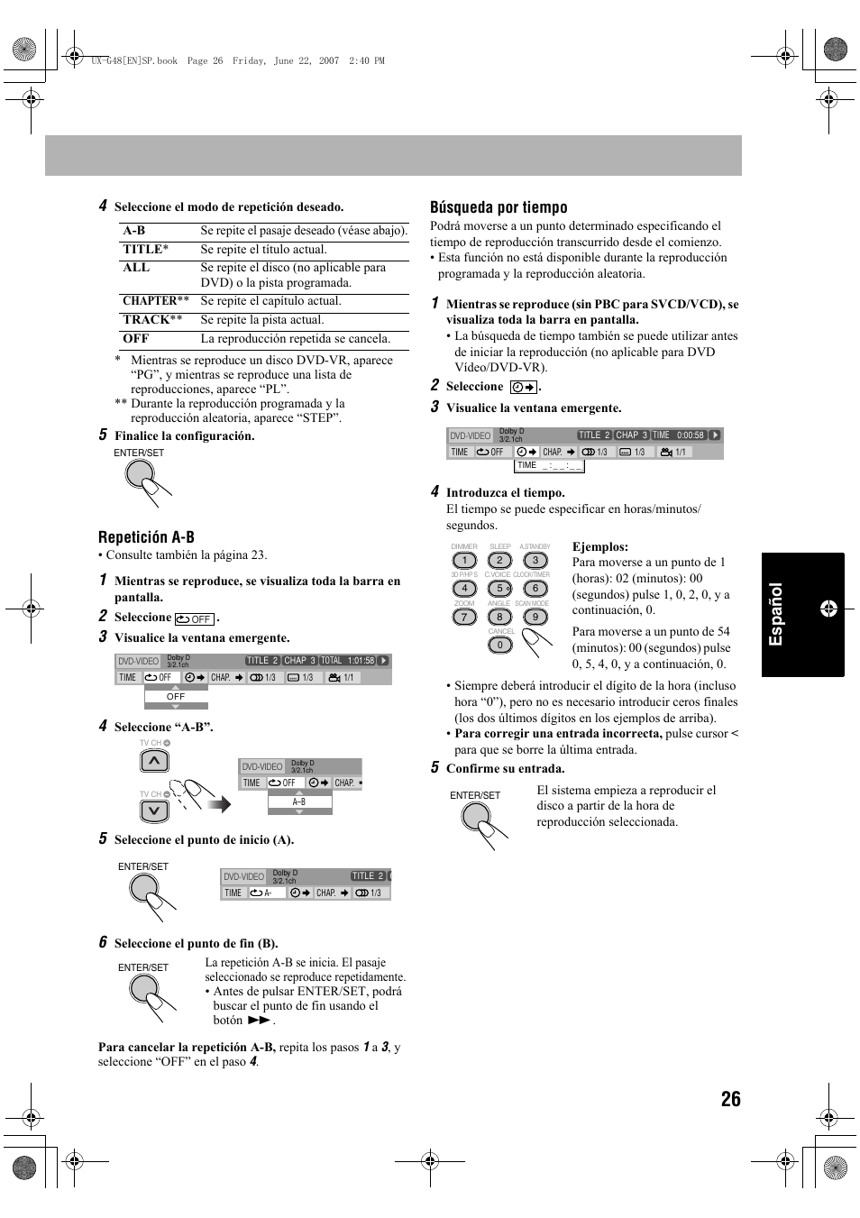 Español, Repetición a-b, Búsqueda por tiempo | JVC Micro Component System UX-G48 User Manual | Page 153 / 208