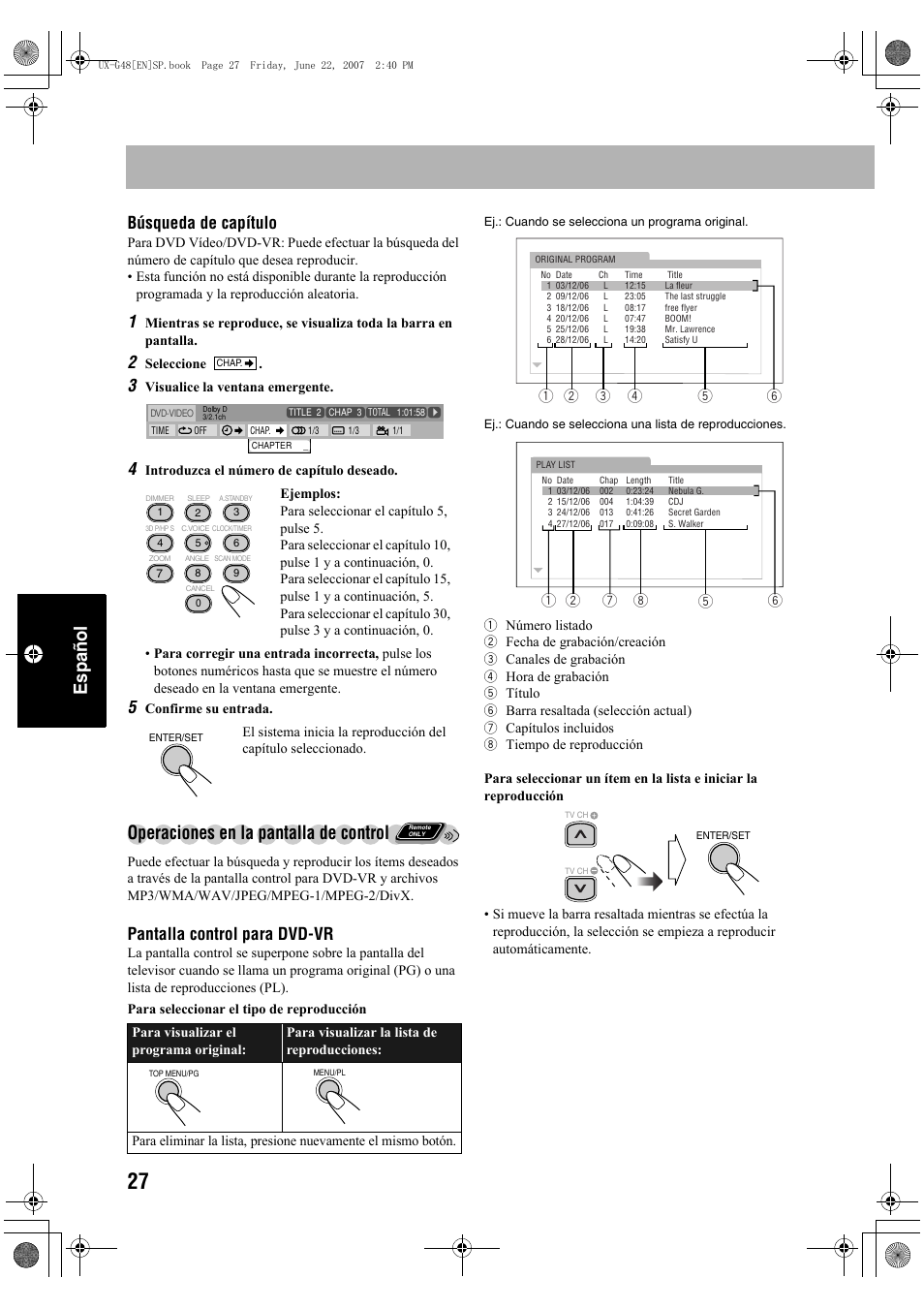 Español, Operaciones en la pantalla de control, Búsqueda de capítulo | Pantalla control para dvd-vr | JVC Micro Component System UX-G48 User Manual | Page 154 / 208
