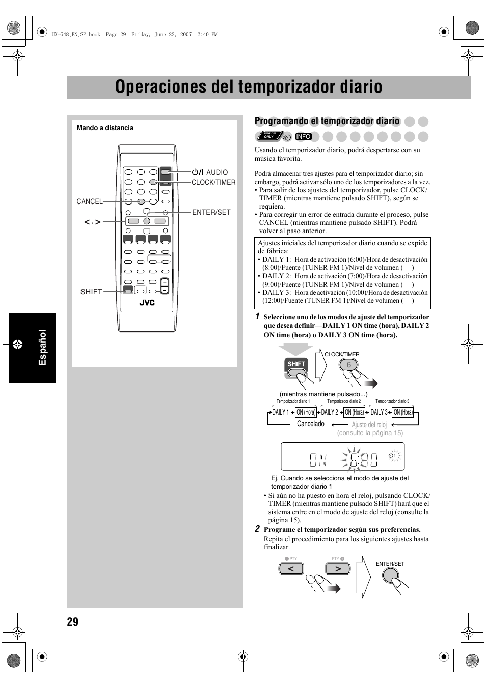 Operaciones del temporizador diario, Español, Programando el temporizador diario | JVC Micro Component System UX-G48 User Manual | Page 156 / 208