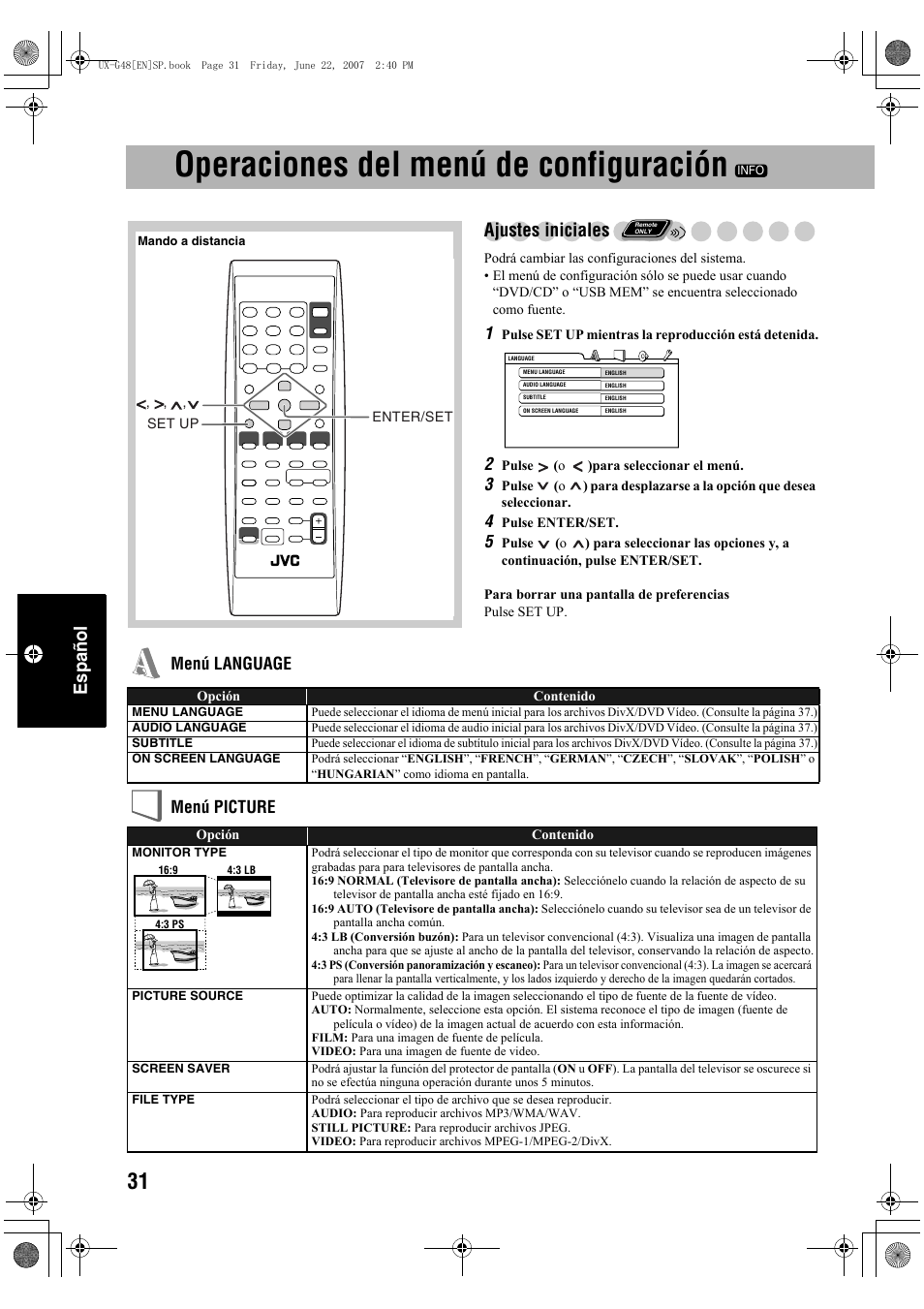 Operaciones del menú de configuración, Español, Ajustes iniciales | Menú language menú picture | JVC Micro Component System UX-G48 User Manual | Page 158 / 208