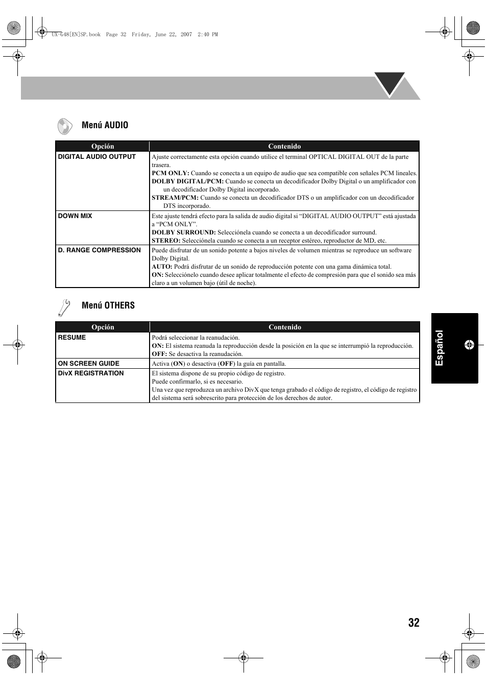 Español, Menú audio, Menú others | JVC Micro Component System UX-G48 User Manual | Page 159 / 208