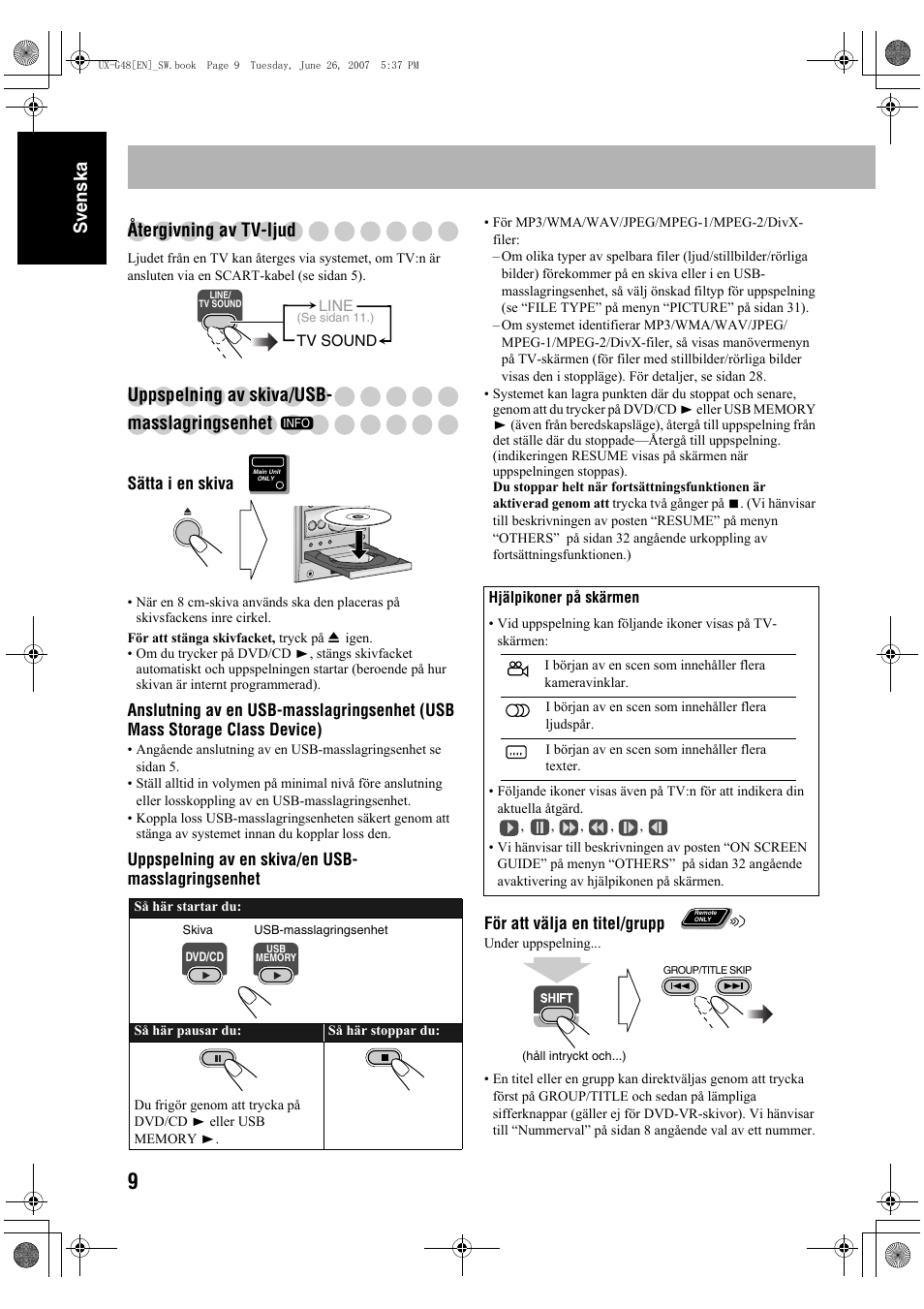 Sv ensk a återgivning av tv-ljud, Uppspelning av skiva/usb- masslagringsenhet | JVC Micro Component System UX-G48 User Manual | Page 16 / 208