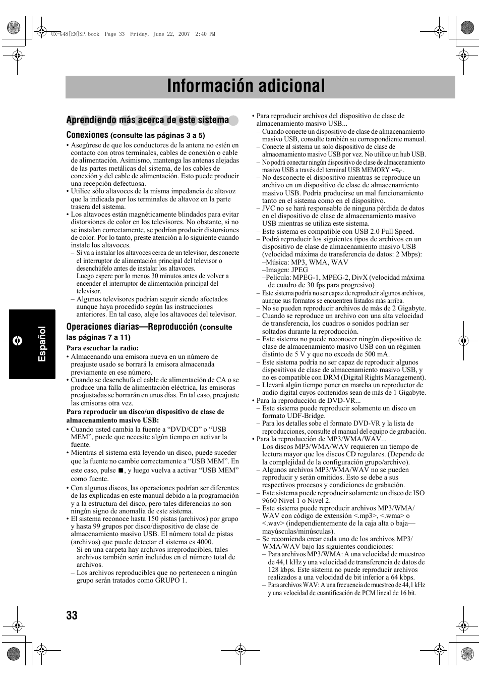 Información adicional, Español, Aprendiendo más acerca de este sistema | JVC Micro Component System UX-G48 User Manual | Page 160 / 208