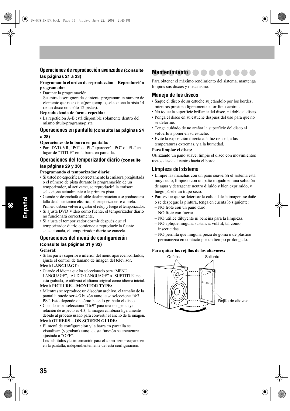 Español, Mantenimiento | JVC Micro Component System UX-G48 User Manual | Page 162 / 208