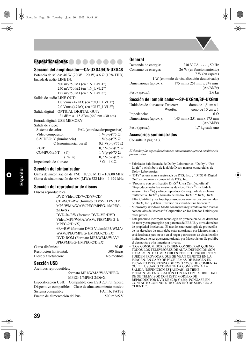 Español especificaciones, Sección del amplificador—ca-uxg49/ca-uxg48, Sección del sintonizador | Sección del reproductor de discos, Sección usb, General, Sección del amplificador—sp-uxg49/sp-uxg48, Accesorios suministrados | JVC Micro Component System UX-G48 User Manual | Page 166 / 208