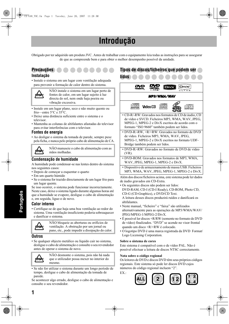 Introdução, Português, Precauções | Tipos de discos/ficheiros que podem ser lidos | JVC Micro Component System UX-G48 User Manual | Page 168 / 208