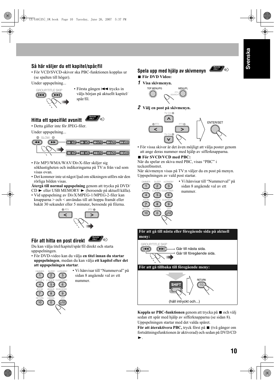 Sv ensk a, Så här väljer du ett kapitel/spår/fil, Hitta ett specifikt avsnitt | För att hitta en post direkt, Spela upp med hjälp av skivmenyn | JVC Micro Component System UX-G48 User Manual | Page 17 / 208