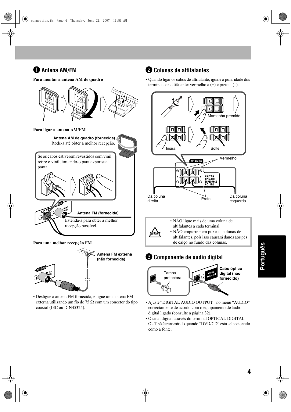 Português, Antena am/fm, Colunas de altifalantes | Componente de áudio digital | JVC Micro Component System UX-G48 User Manual | Page 171 / 208