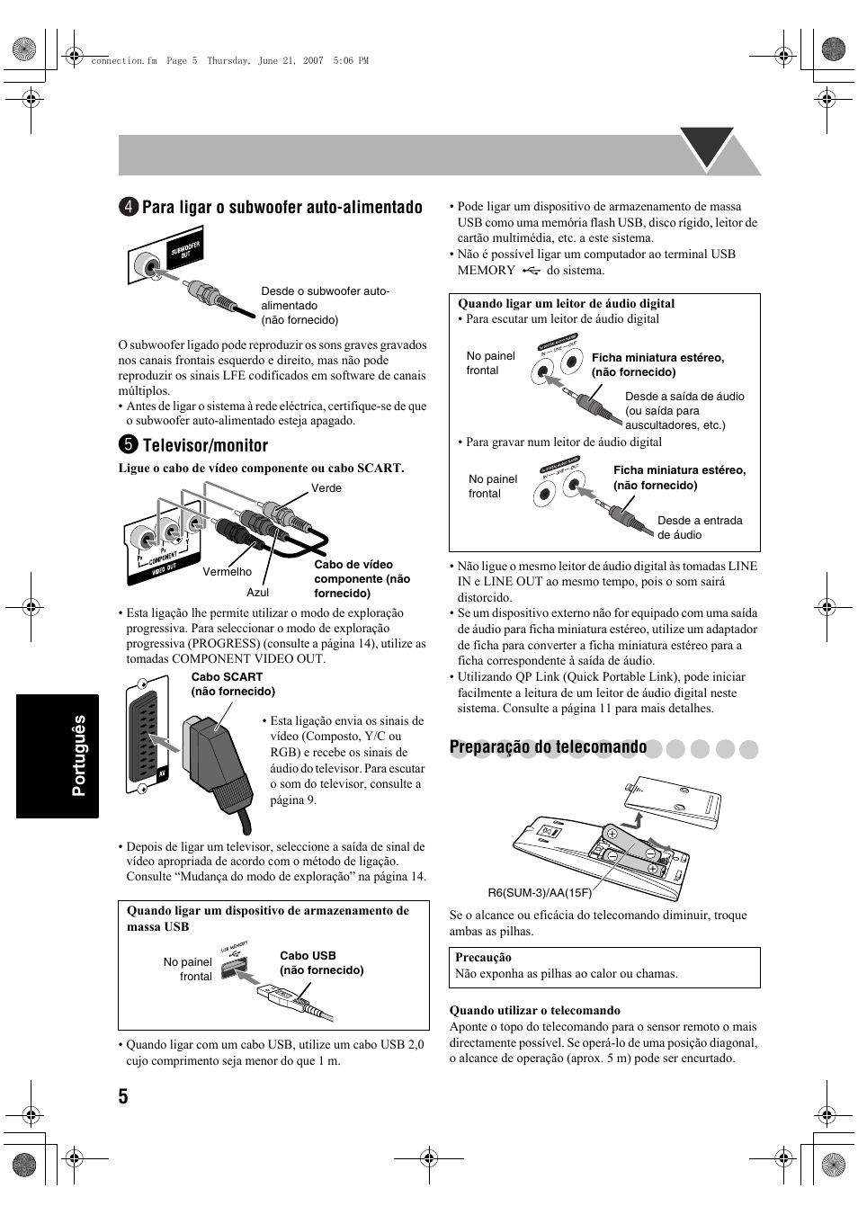 Português, Para ligar o subwoofer auto-alimentado, Televisor/monitor | Preparação do telecomando | JVC Micro Component System UX-G48 User Manual | Page 172 / 208