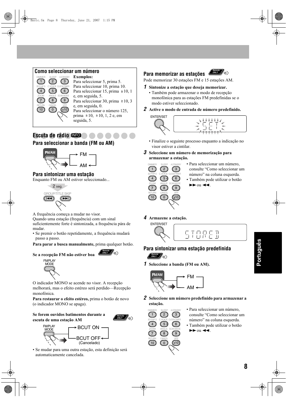 Português escuta de rádio, Para sintonizar uma estação predefinida 1, Como seleccionar um número | Fm am, Bcut on bcut off | JVC Micro Component System UX-G48 User Manual | Page 175 / 208