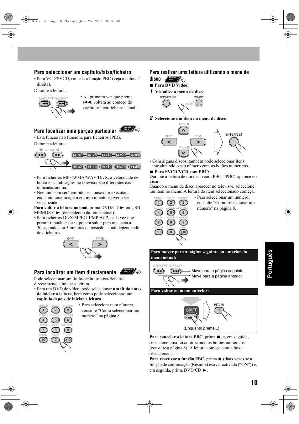 Português, Para seleccionar um capítulo/faixa/ficheiro, Para localizar uma porção particular | Para localizar um item directamente | JVC Micro Component System UX-G48 User Manual | Page 177 / 208