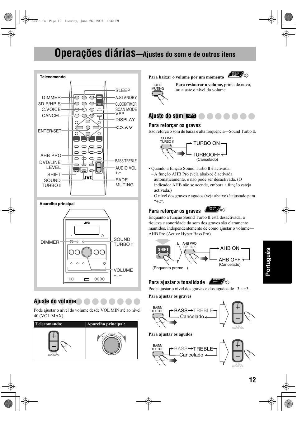 Operações diárias, Ajustes do som e de outros itens, Português | Ajuste do volume, Ajuste do som, Para reforçar os graves, Para ajustar a tonalidade | JVC Micro Component System UX-G48 User Manual | Page 179 / 208