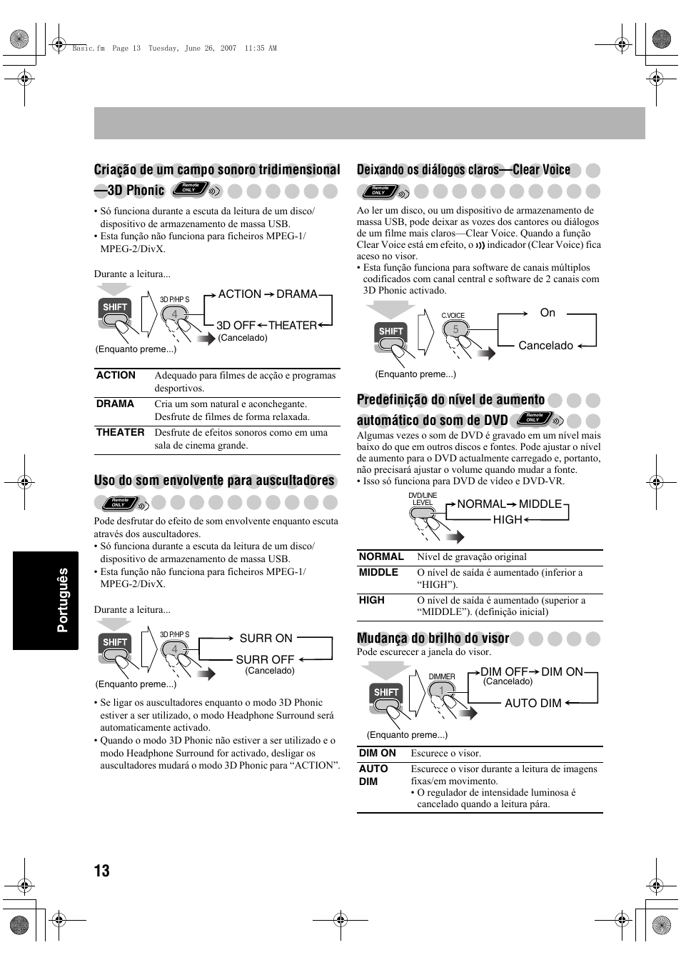 Uso do som envolvente para auscultadores, Deixando os diálogos claros—clear voice, Mudança do brilho do visor | JVC Micro Component System UX-G48 User Manual | Page 180 / 208